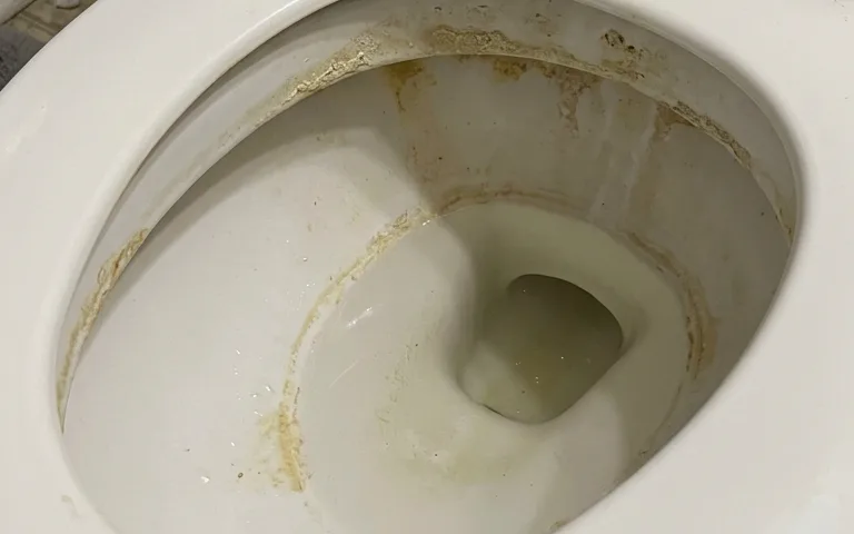 A toilet bowl with limescale crusted along the underside of the rim and a ring at the waterline