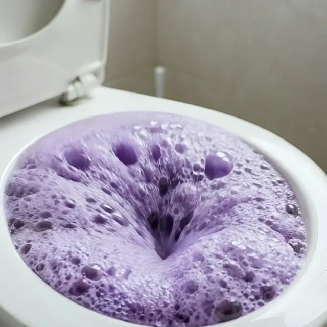 A dome of purple foam in a toilet bowl, then the flush rinses it away